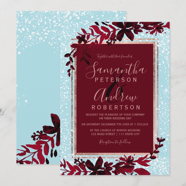 Rose gold typography red leaf snow blue wedding invitation (Front/Back)