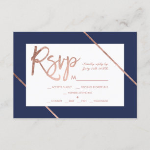 Rose gold typography stripe navy blue rsvp wedding