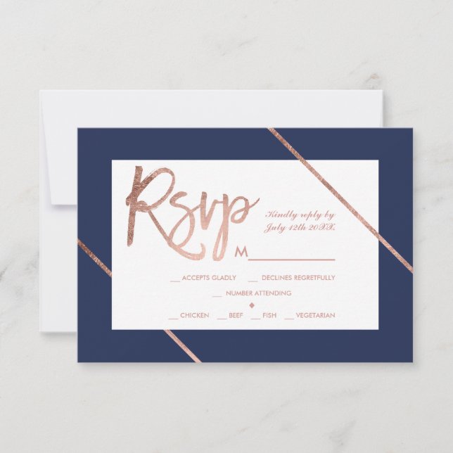 Rose gold typography stripe navy blue rsvp wedding (Front)