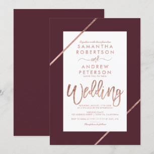 Rose gold typography stripes burgundy wedding invitation