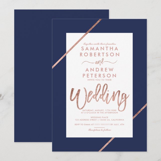 Rose gold typography stripes navy blue wedding invitation (Front/Back)