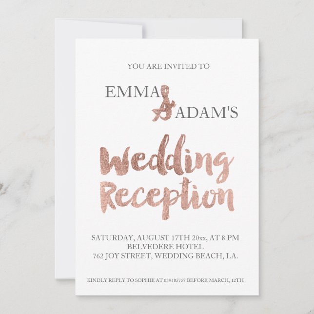 Rose gold typography wedding reception faux foil 2 invitation (Front)