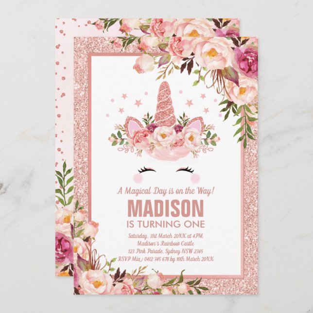 Rose Gold Unicorn / Magical Birthday Party Invitation (Front/Back)