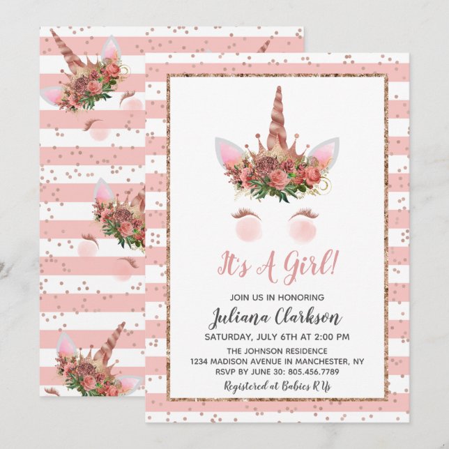Rose Gold Unicorn Princess Baby Shower Invitation (Front/Back)
