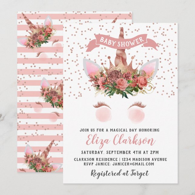 Rose Gold Unicorn Princess Baby Shower Invitation (Front/Back)