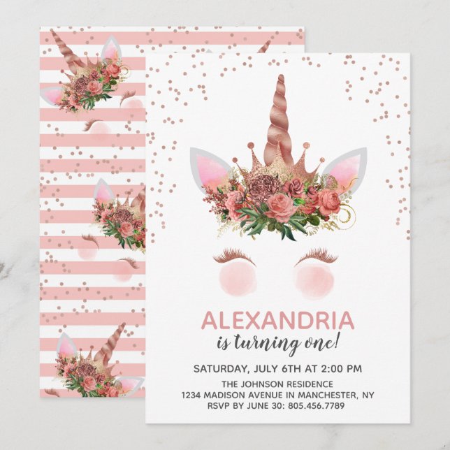 Rose Gold Unicorn Princess Birthday Invitation (Front/Back)