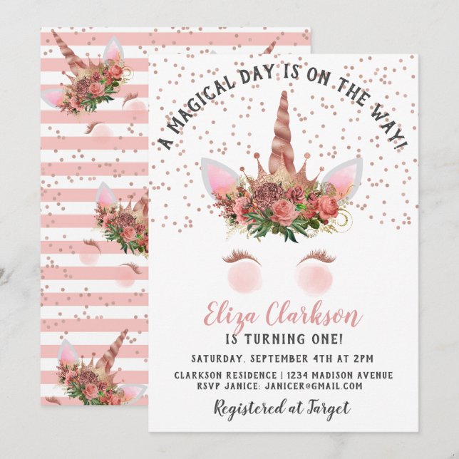 Rose Gold Unicorn Princess Birthday Invitation (Front/Back)