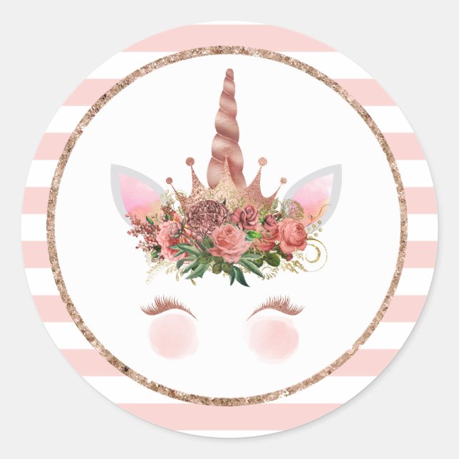 Rose Gold Unicorn Princess Classic Round Sticker (Front)