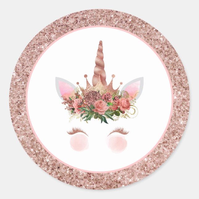 Rose Gold Unicorn Princess Classic Round Sticker (Front)