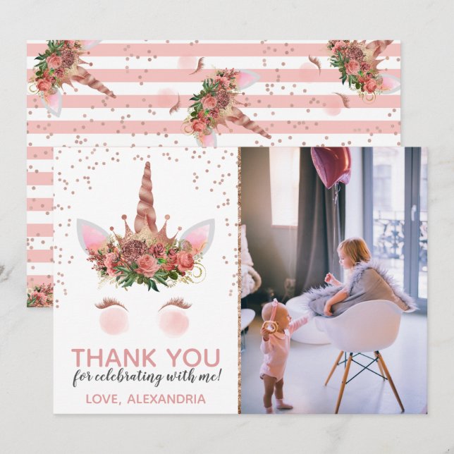 Rose Gold Unicorn Princess Thank You Invitation (Front/Back)