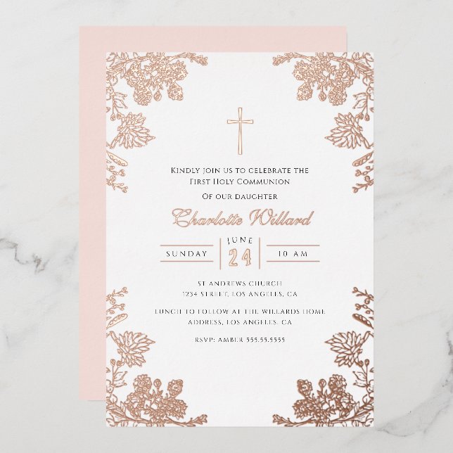 Rose Gold Vintage Cross Girls First Communion (Front/Back)