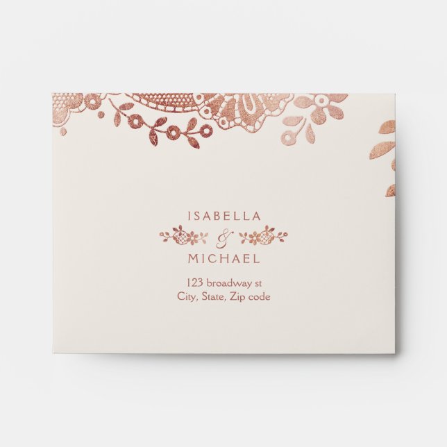 Rose gold vintage elegant lace wedding RSVP Envelopes (Front)