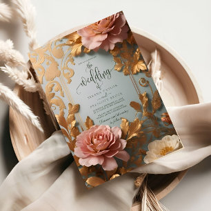 Rose Gold Vintage-inspired floral motif Wedding Invitation