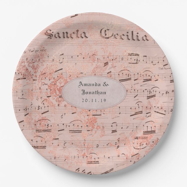 Rose Gold Vintage Music Sheet Wedding Paper Plate (Front)