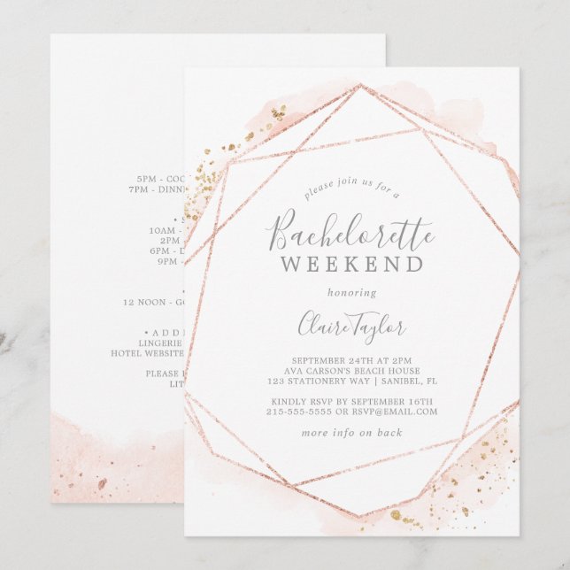Rose Gold Watercolor Bachelorette Weekend Invitation (Front/Back)