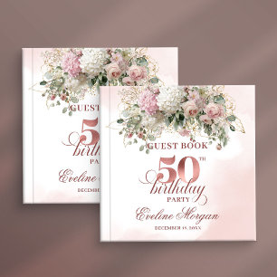 Rose Gold Watercolor Blush 50th Birthday Guest  Guest Book