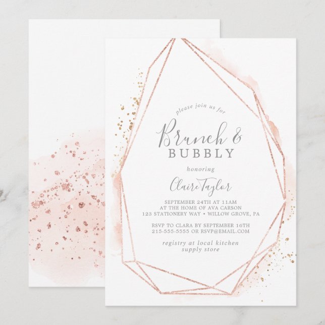 Rose Gold Watercolor Brunch & Bubbly Bridal Shower Invitation (Front/Back)