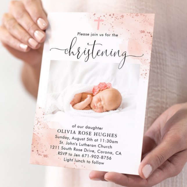 Rose Gold Watercolor Christening Baptism Invitation (Creator Uploaded)