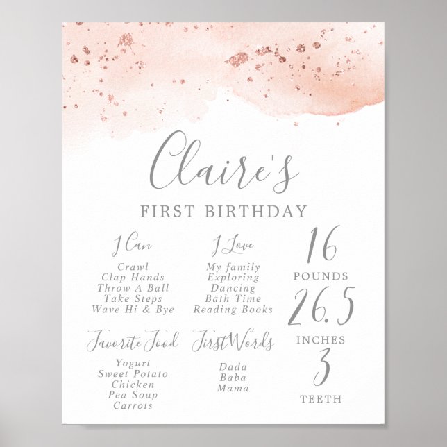Rose Gold Watercolor First Birthday Milestone Sign (Front)
