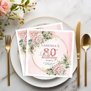 Rose Gold Watercolor Flowers 80th Birthday Napkins
