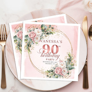 Rose Gold Watercolor Flowers 90th Birthday Party Napkin