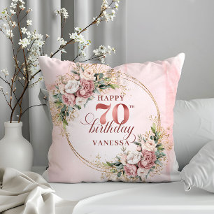 Rose Gold Watercolor Flowers Pillow 70th Birthday 