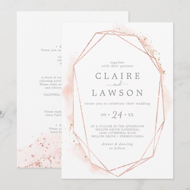 Rose Gold Watercolor Geometric All In One Wedding Invitation (Front/Back)