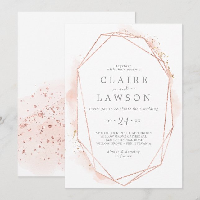 Rose Gold Watercolor Geometric Casual Wedding Invitation (Front/Back)