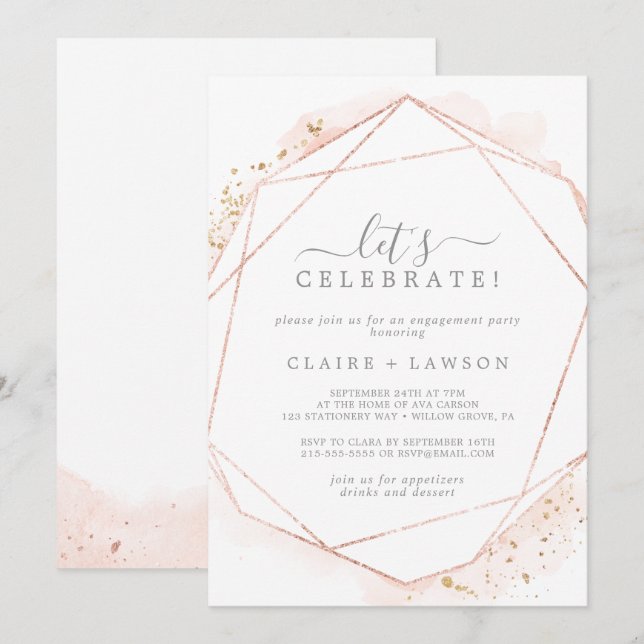 Rose Gold Watercolor Geometric Let's Celebrate Invitation (Front/Back)