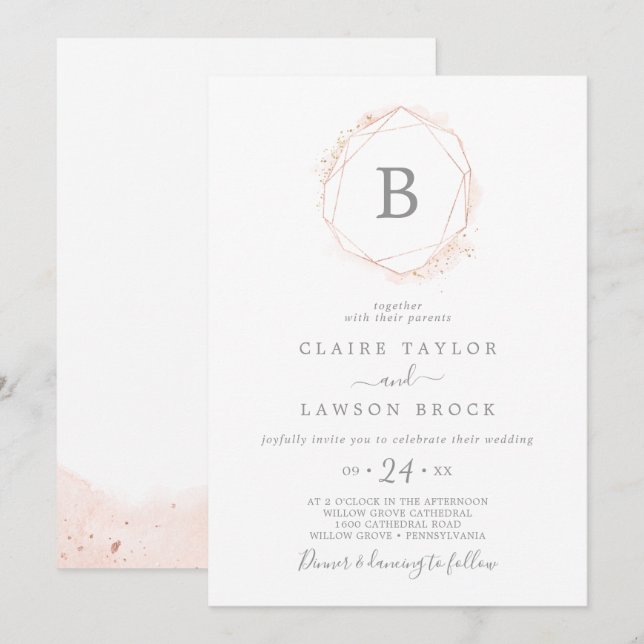 Rose Gold Watercolor Geometric Monogram Wedding Invitation (Front/Back)