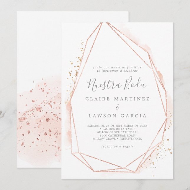 Rose Gold Watercolor Geometric Spanish Wedding Invitation (Front/Back)