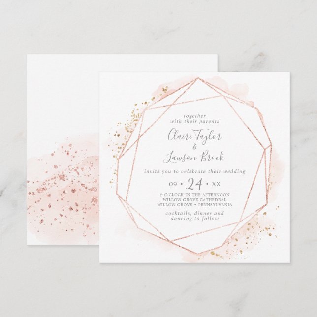 Rose Gold Watercolor Geometric Square Wedding Invitation (Front/Back)