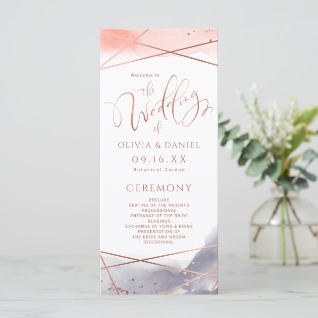 Rose Gold Watercolor Geometric Wedding Program Menu (Standing Front)