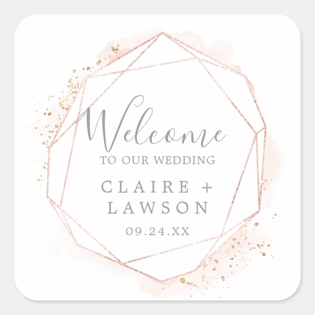 Rose Gold Watercolor Geometric Wedding Welcome Square Sticker (Front)