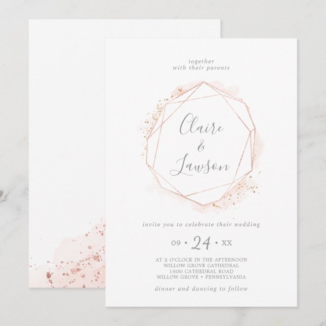 Rose Gold Watercolor Geometric Wreath Wedding Invitation (Front/Back)