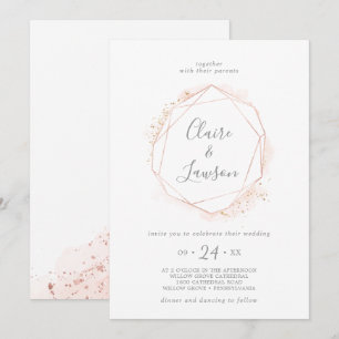 Rose Gold Watercolor Geometric Wreath Wedding Invitation