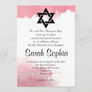 Rose Gold Watercolor Glitter Girl Bat Mitzvah Invitation