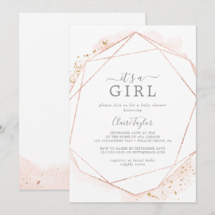 Rose Gold Watercolor It's A Girl Baby Shower Invitation