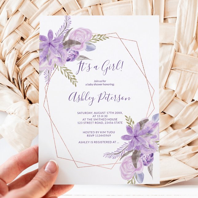 Rose gold watercolor purple floral baby shower invitation (Creator Uploaded)