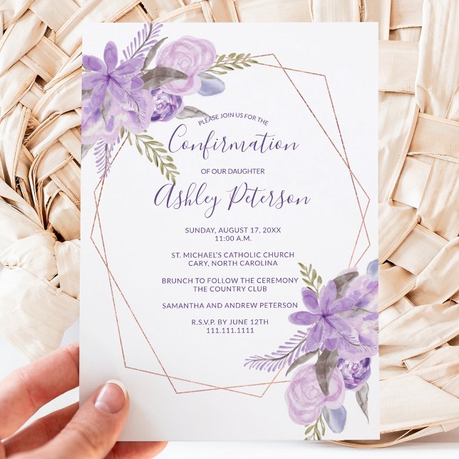 Rose gold watercolor purple floral confirmation invitation (Creator Uploaded)