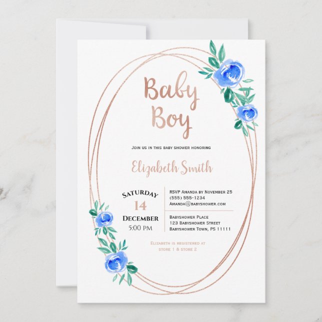 Rose gold Watercolor rose Baby boy Invitation (Front)
