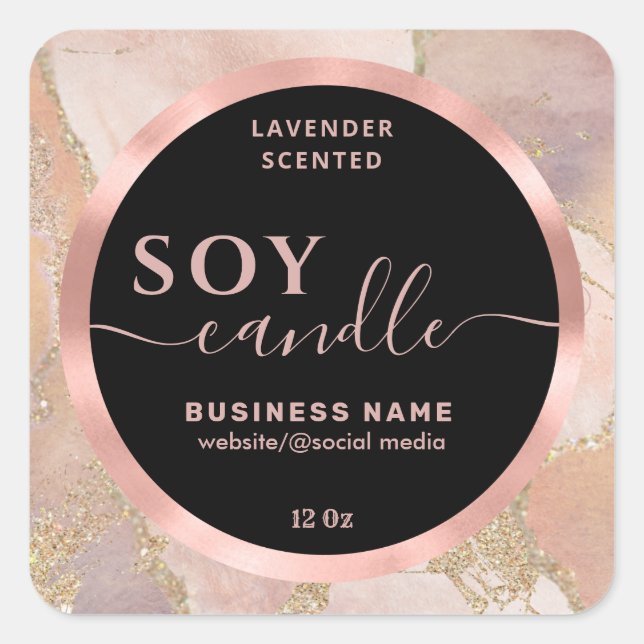 Rose gold watercolor script soy candle label (Front)