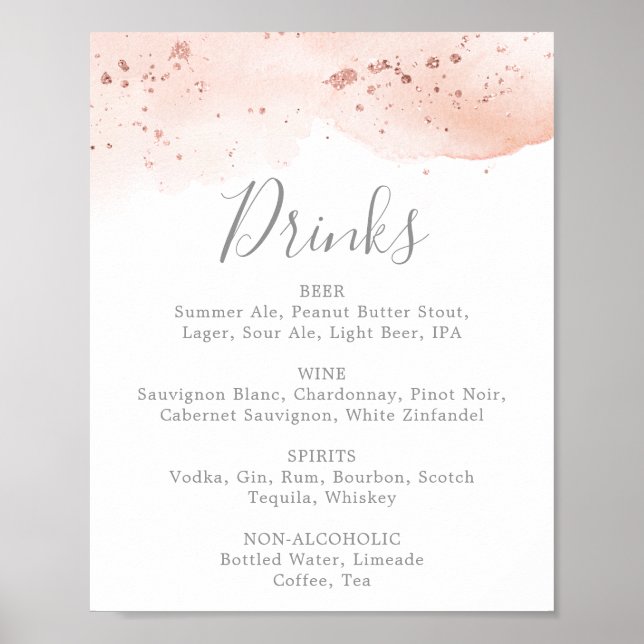 Rose Gold Watercolor Wedding Drinks Menu Sign (Front)