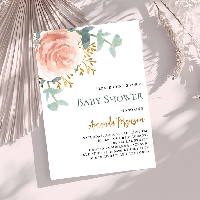 Rose gold watercolored floral baby shower invitation (Creator Uploaded)