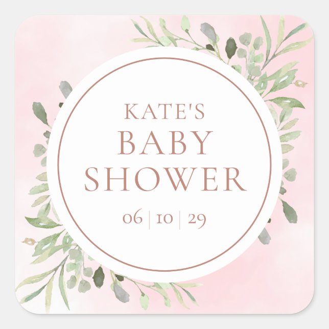 Rose Gold Watercolour Greenery Baby Shower Square Sticker (Front)