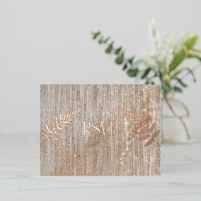 Rose Gold Waterfall Curtain RSVP  Foil Invitation Postcard (Standing Front)