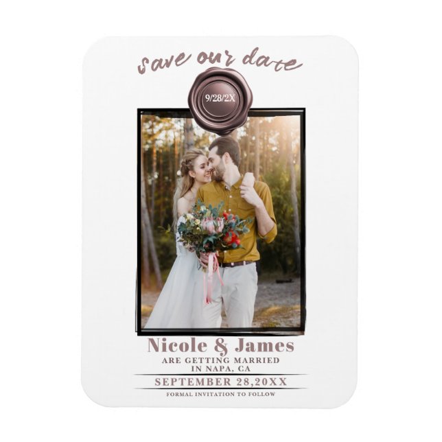 Rose Gold Wax Seal Photo Wedding Save the Date Magnet (Vertical)