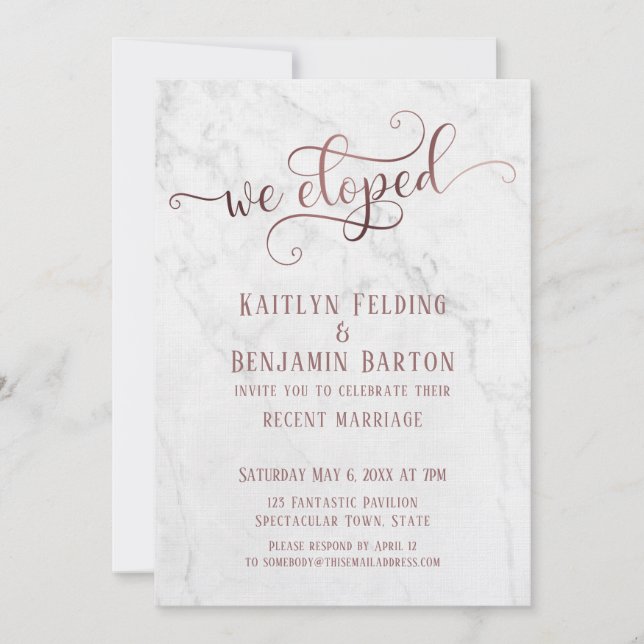 Rose Gold "We Eloped" Typography on Marble Invitation (Front)