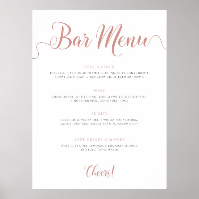 Rose Gold Wedding Bar Menu Poster (Front)