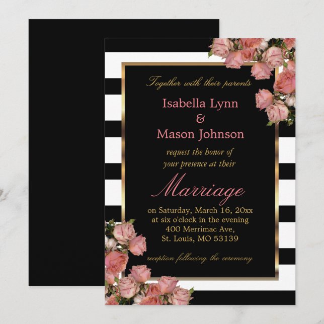 Rose Gold Wedding Black & White Stripe Invitation (Front/Back)